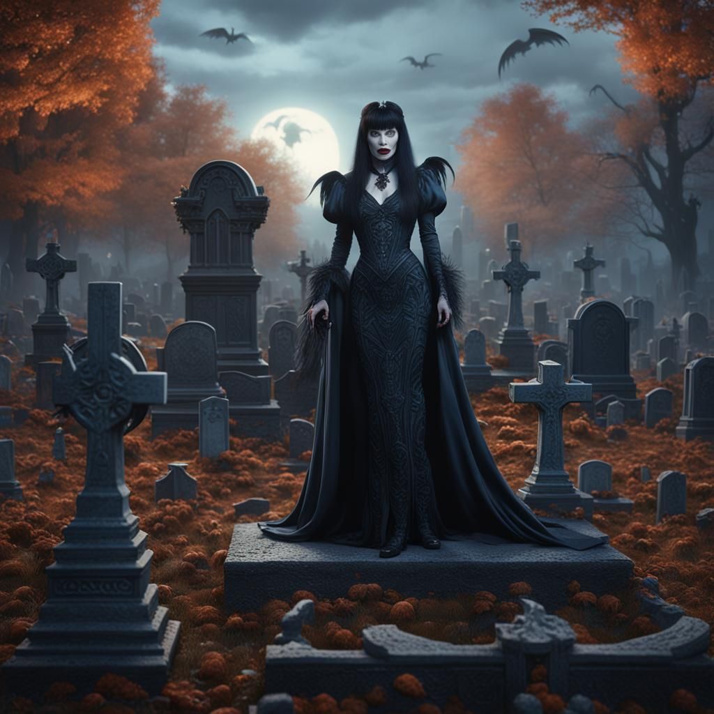 Elvira in Graveyard: Detailed Fantasy Concept Art