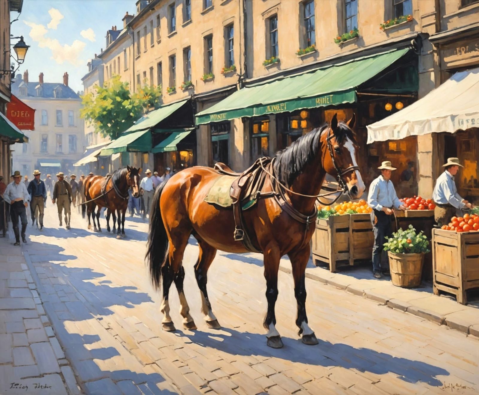 Impressionist City Scene with Horse in Warm Sunlight