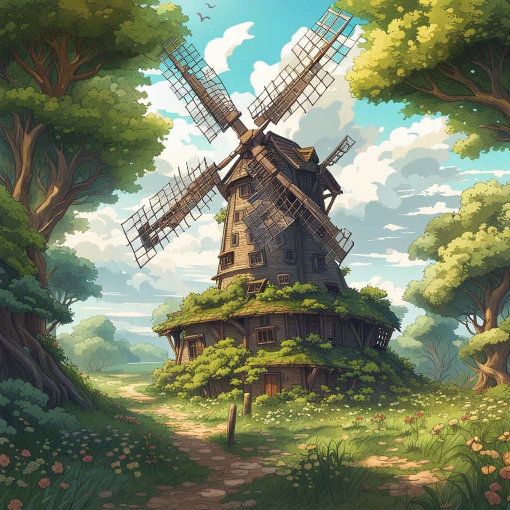 Anime Fantasy: Ancient Windmill Reclaimed by Nature