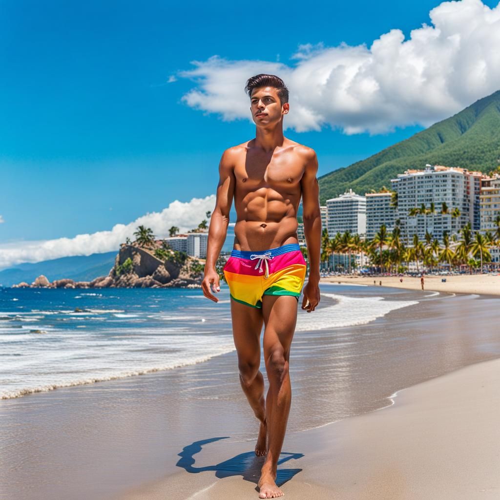 Young Man Walking on Beach in Speedo