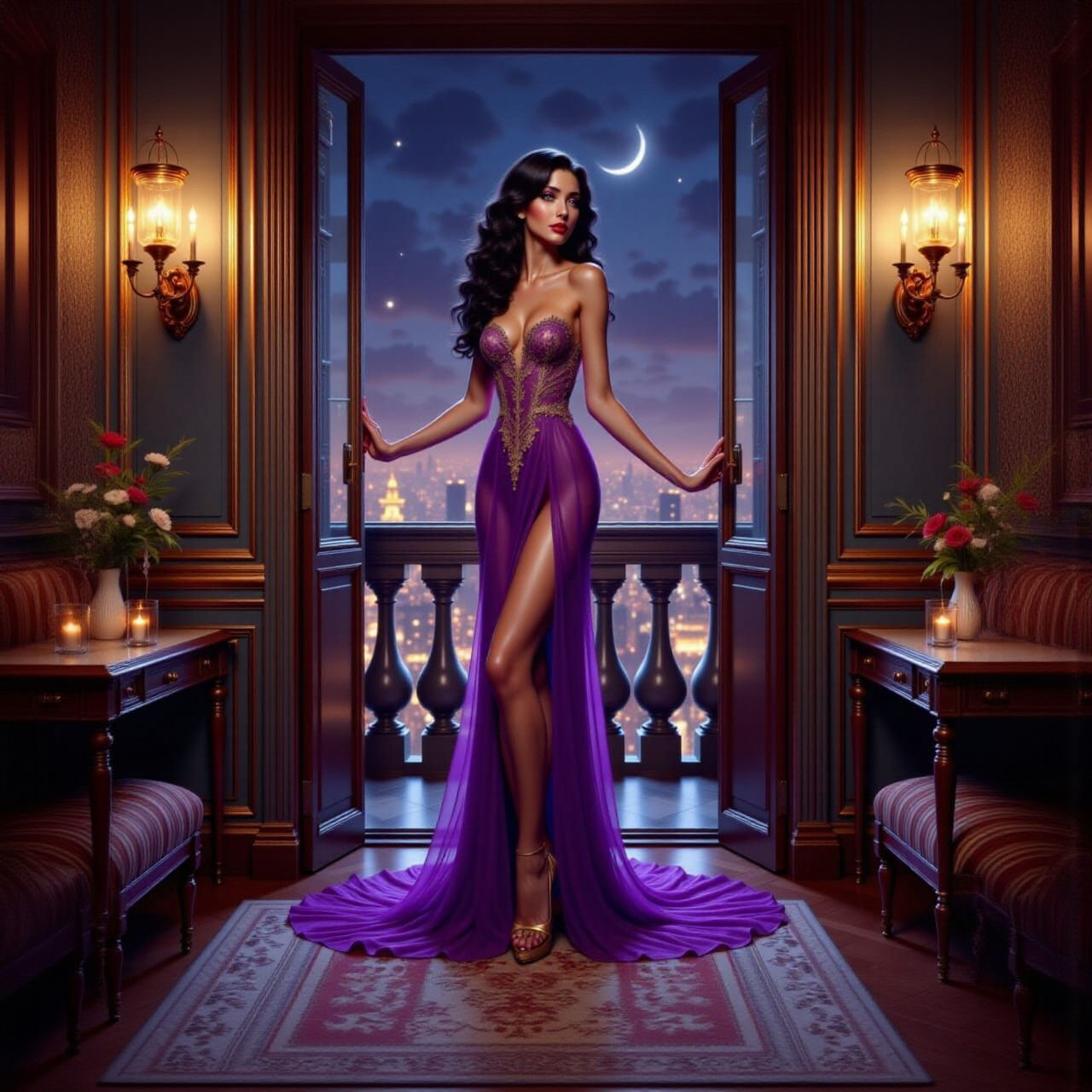 Elegant Woman on Balcony in Pin-Up Style