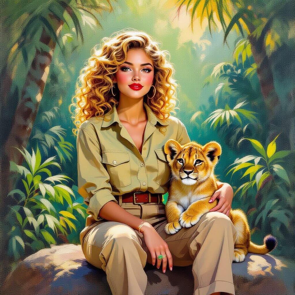 Fauvist Woman with Lion Cub in Jungle Scene
