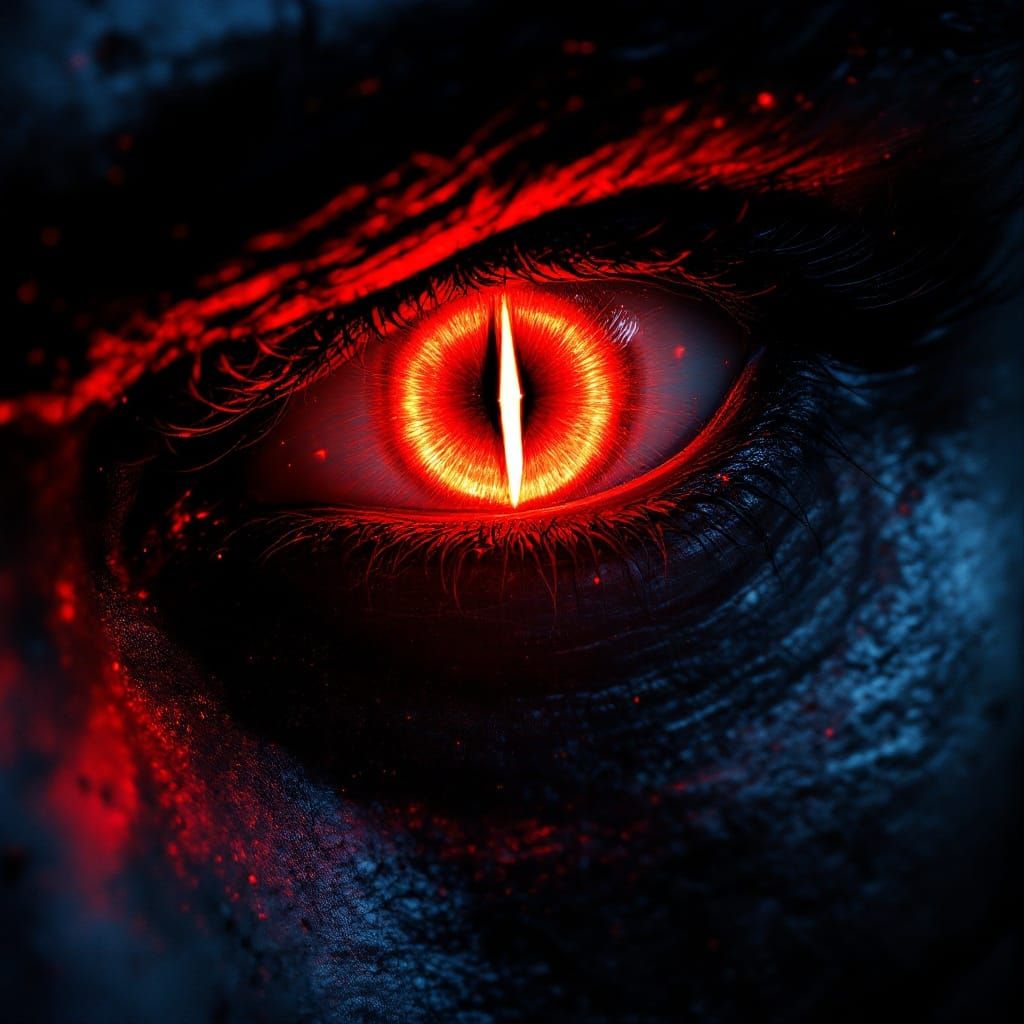 Ares' Glowing Red Eye in Concept Art Style