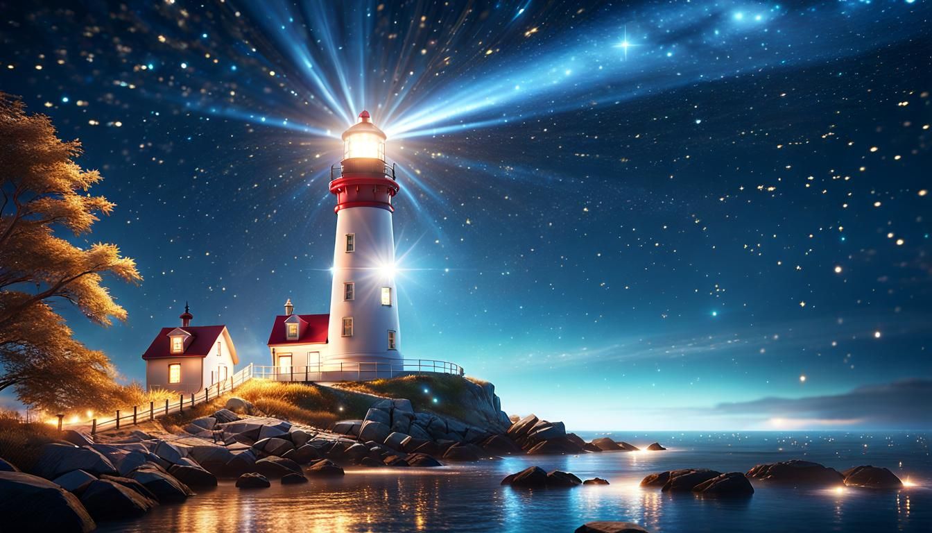 Lighthouse Under Sparkling Starry Sky: Hyperrealistic Digita...