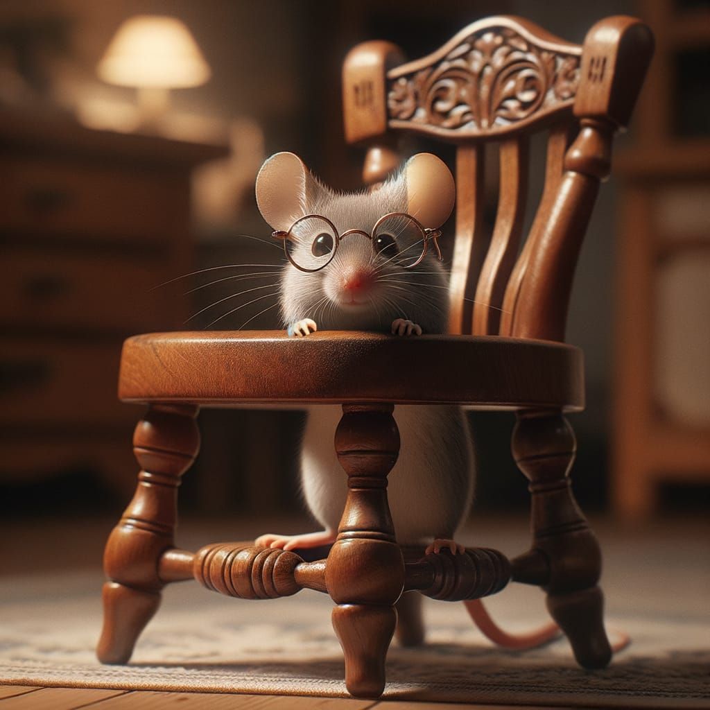 Spectacled Mouse Hiding Behind Wooden Chair