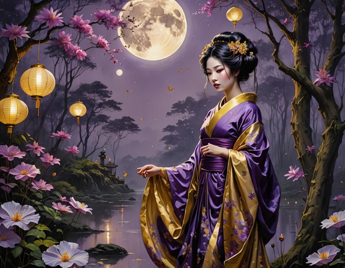 Lonely Geisha Under Pale Moon in Silk Art Style