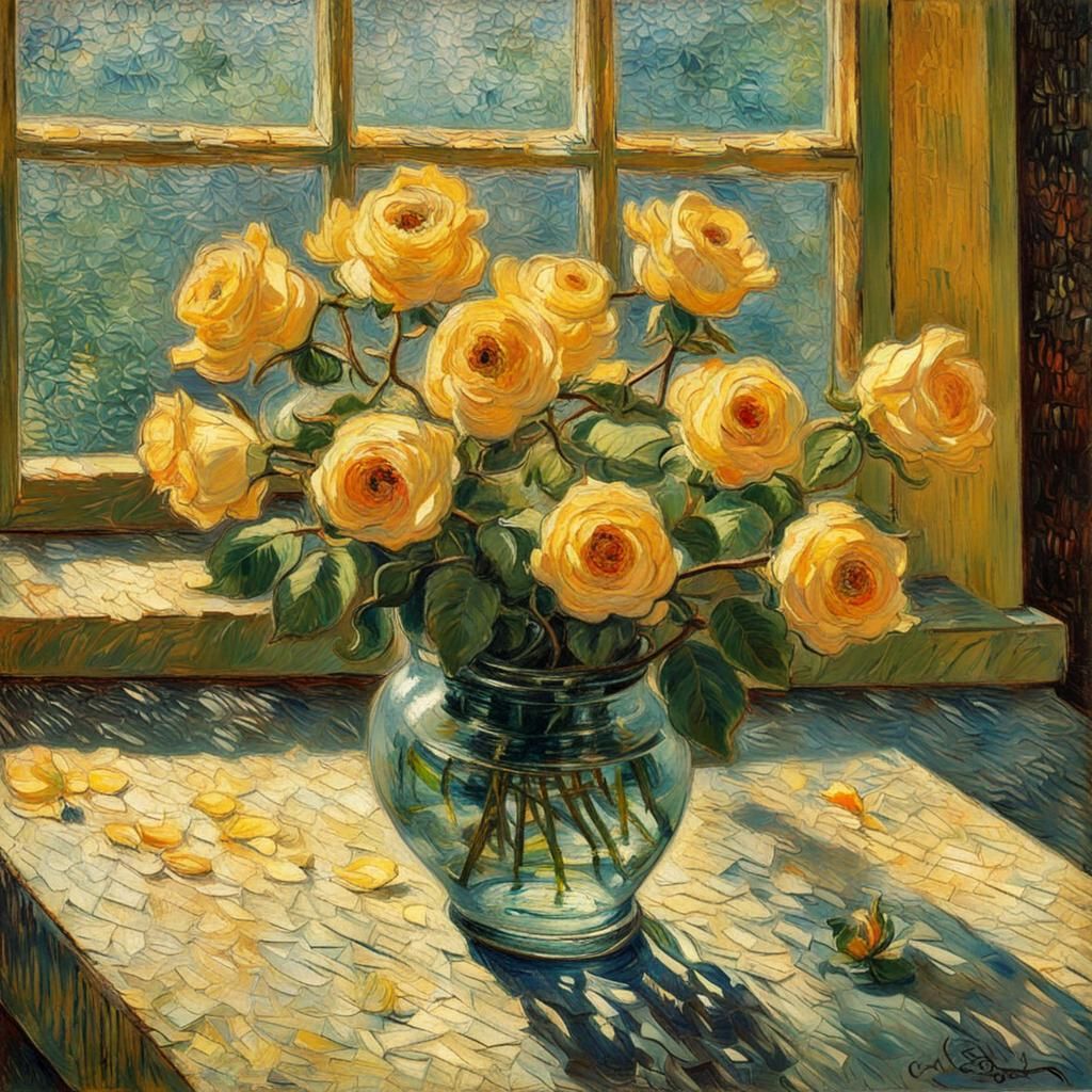 Roses in Crackle Glass: Van Gogh Inspired Art
