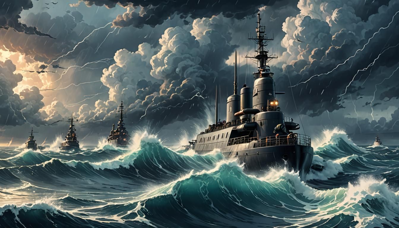 Submarine Sails Raging Ocean in Anime Style