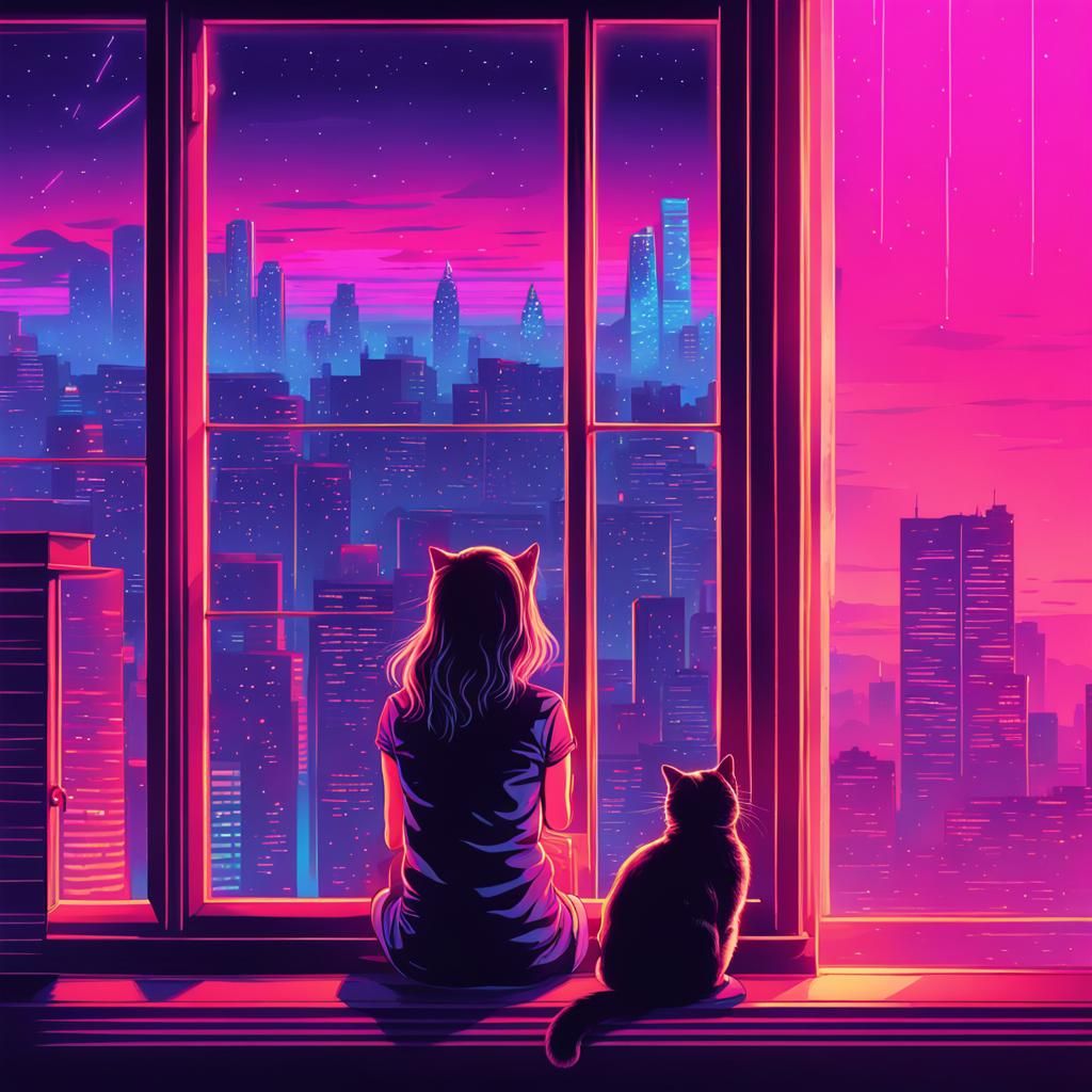 Girl and Cat Gaze at Neon City in Synthwave