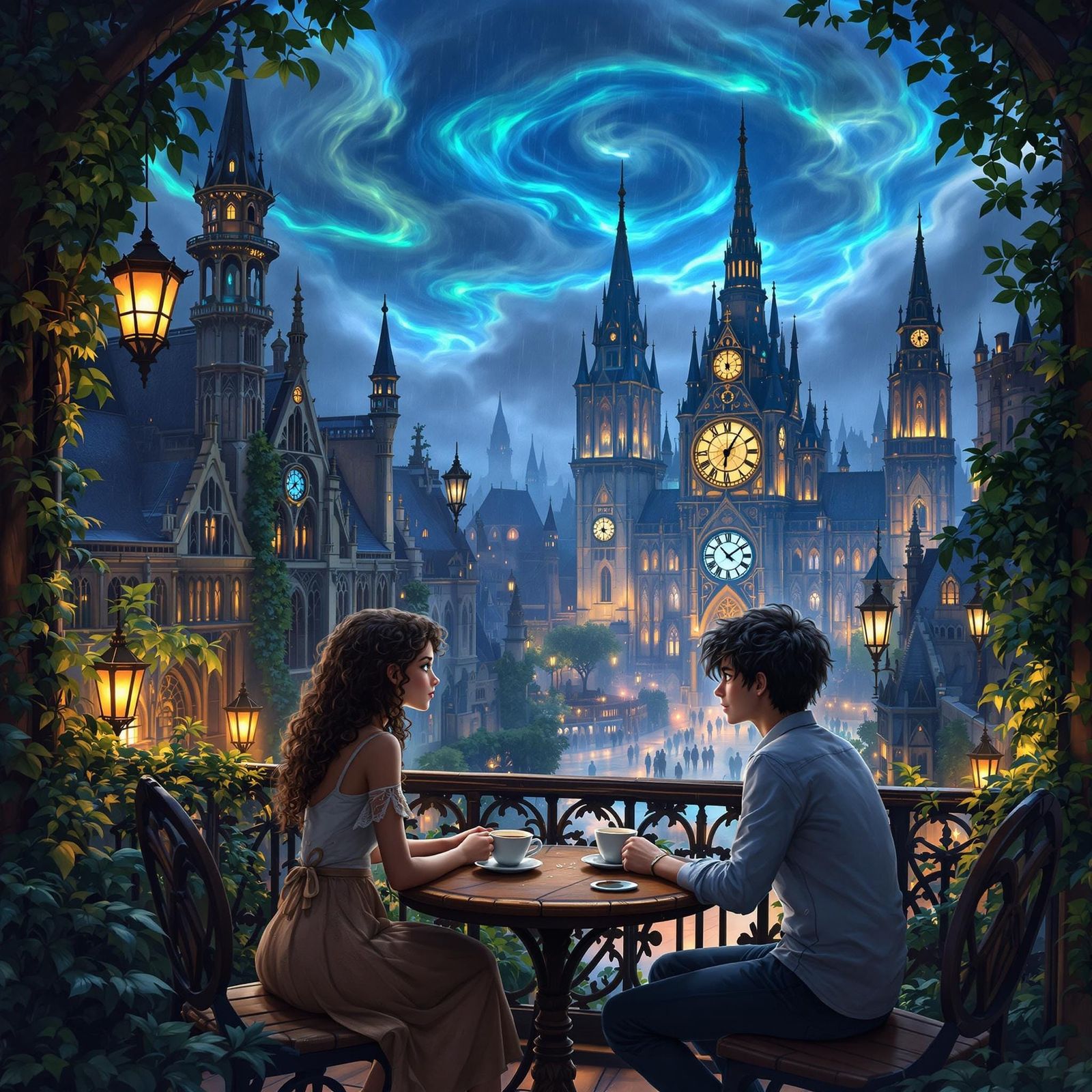 Steampunk Coffee Scene in Matte Painting Style