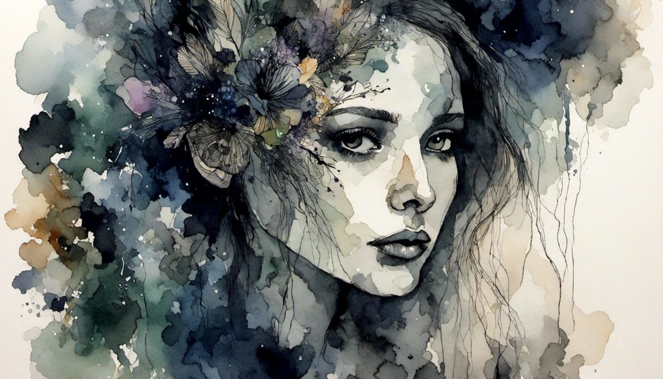 Introspective Portrait in Digital Ink and Watercolor