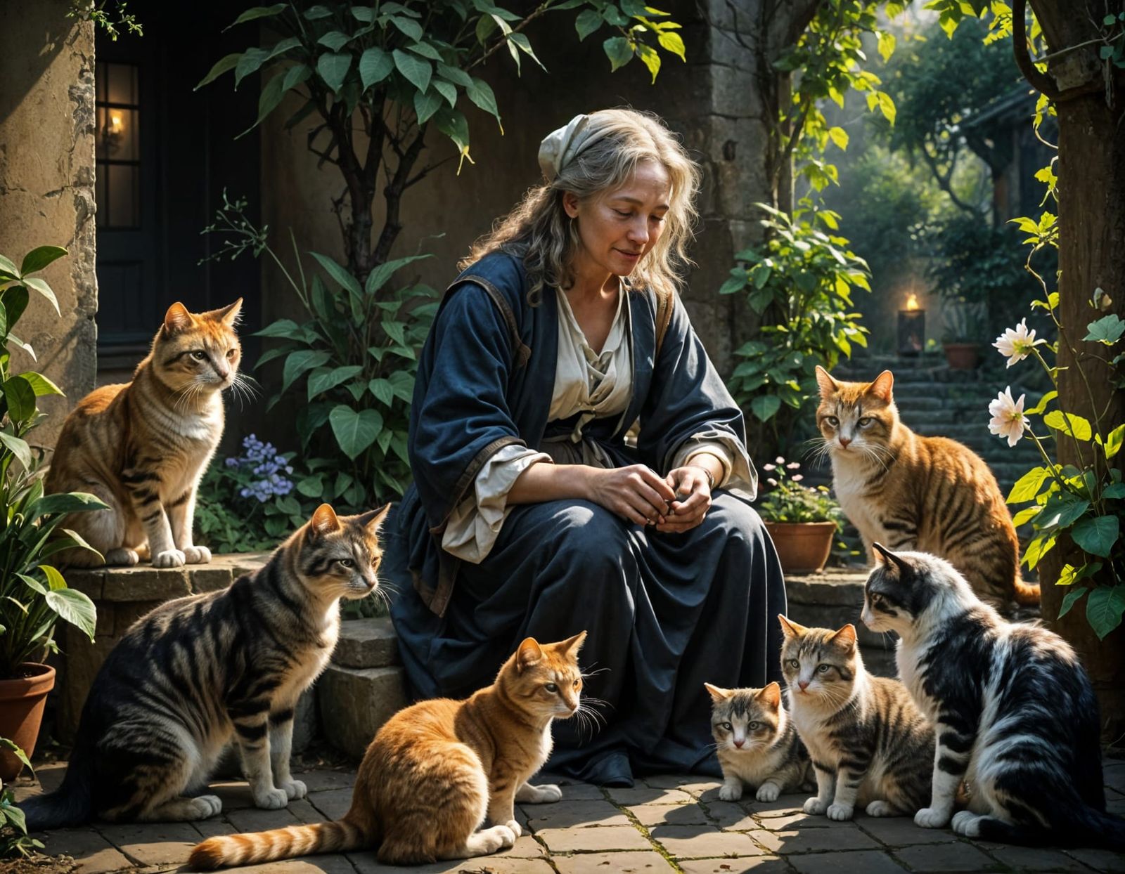 Elderly Woman and Cats in Dramatic Light, Impasto Painting