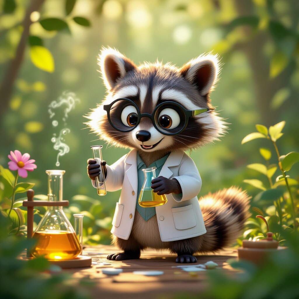 Raccoon Scientist in Forest Lab: Pixar-Style 3D Render