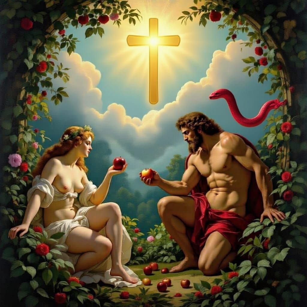 Adam and Eve's Downfall in a Majestic Garden