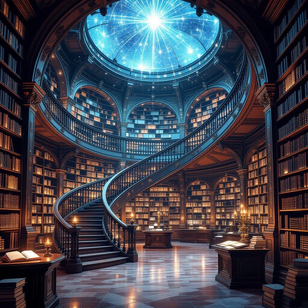Enchanted Celestial Library with Radiant Tomes and Glowing C...