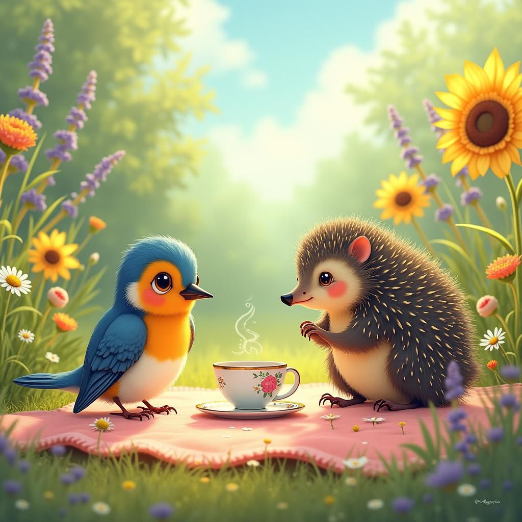 Robin and Echidna Tea Party in Ghibli Anime Style
