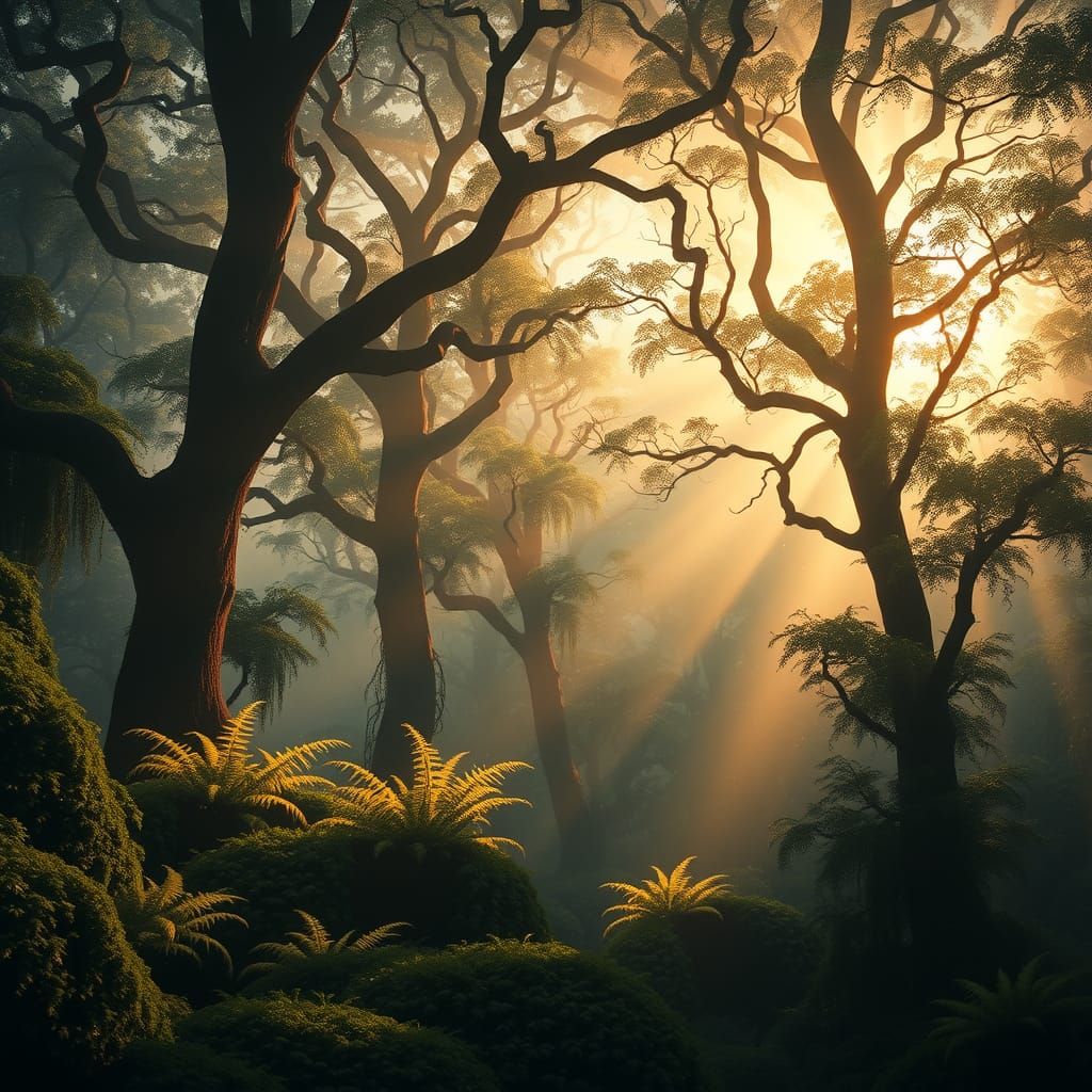 Ethereal Forest at Dawn with Fireflies
