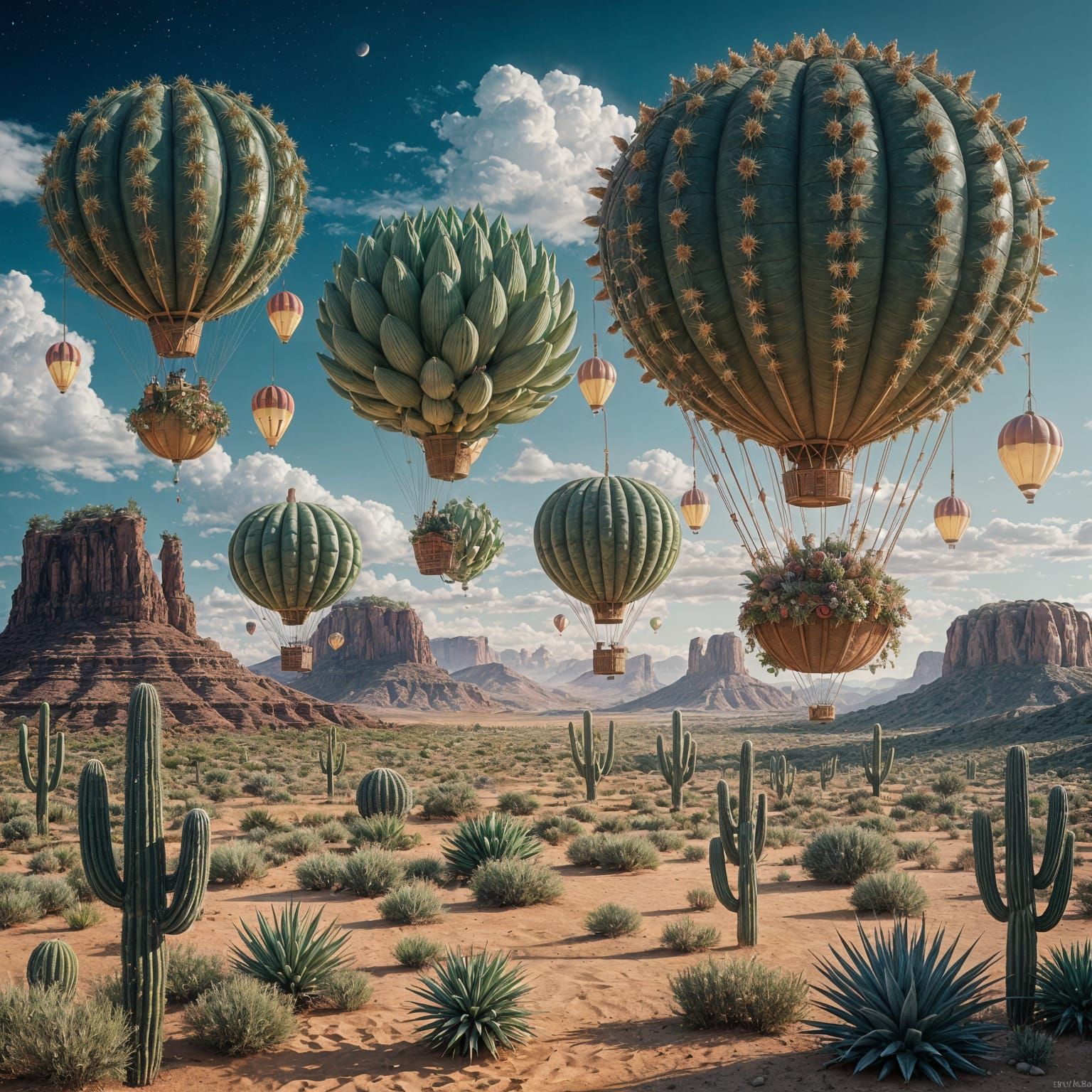 Fantasy Succulent Hot Air Balloons Soar Above Desert Landsca...