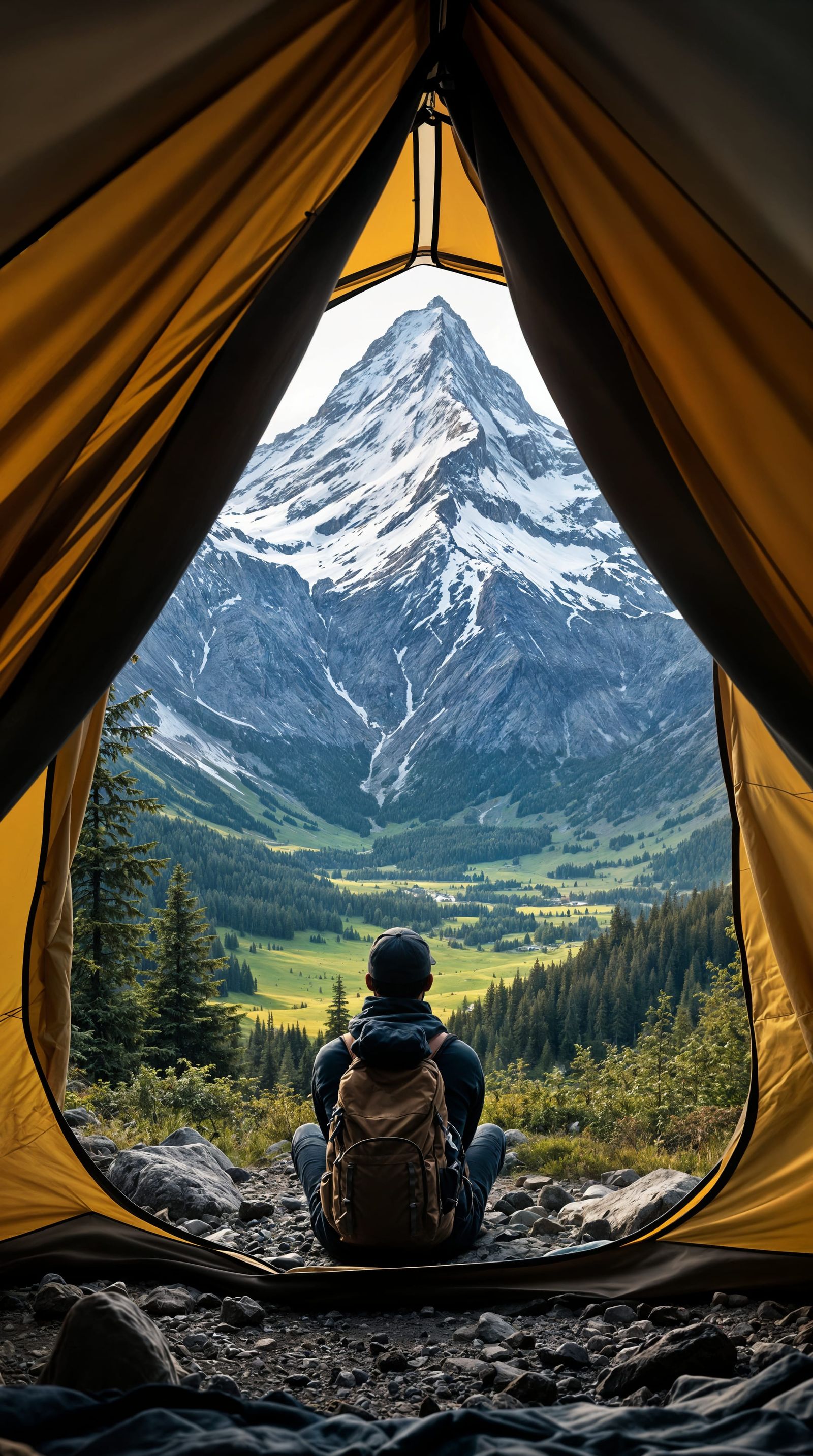 Serene Alpine Landscape with Hiker in Contemplation
