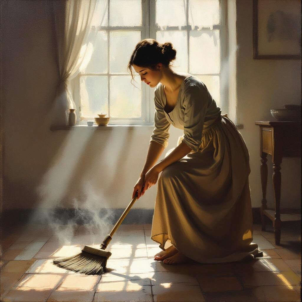 Elegant Woman Sweeping in Soft Light, Oil Painting Style