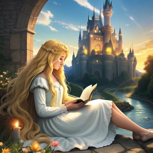 Princess Reading Book at Sunset Castle