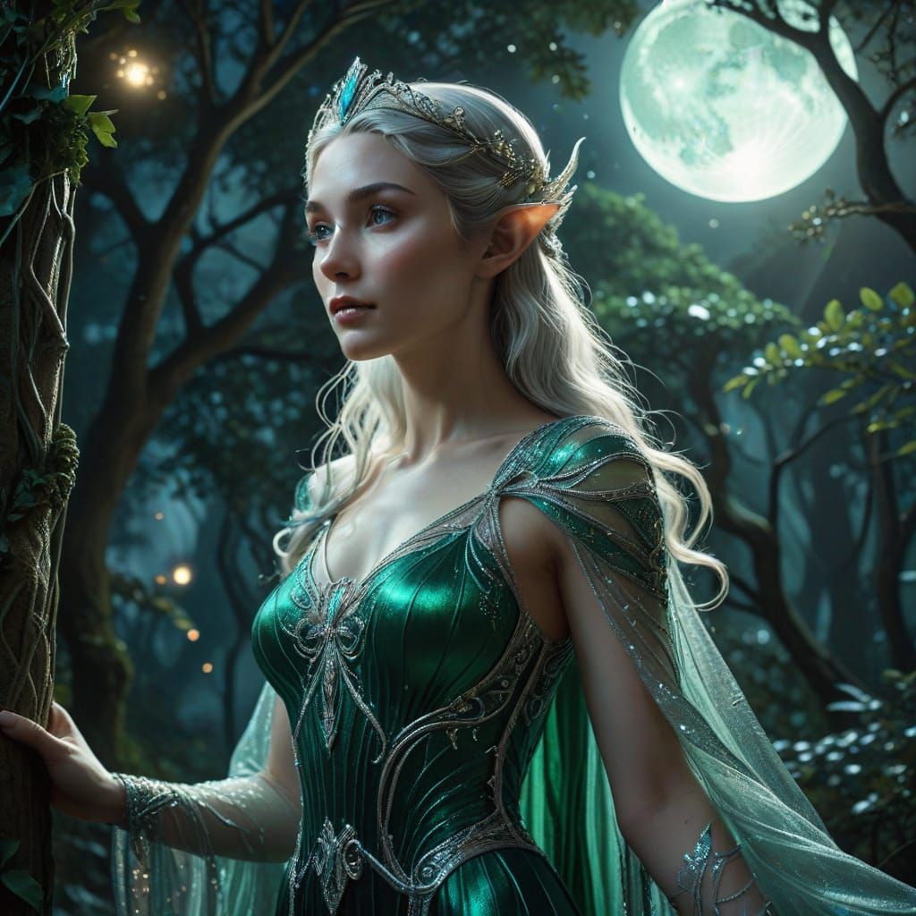 Elven Queen Under Moonlit Canopy in Art Nouveau Style
