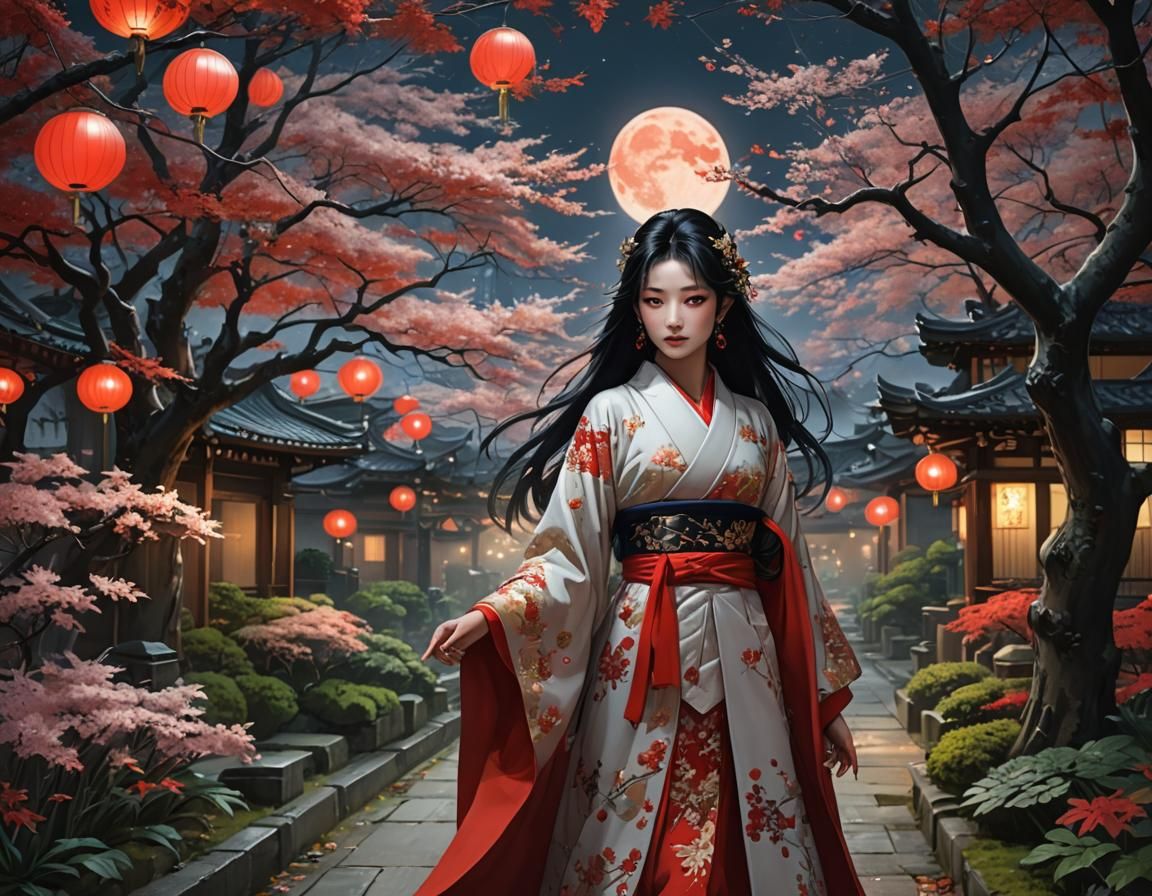 Japanese Princess in Red Moon Garden: Anime Realism