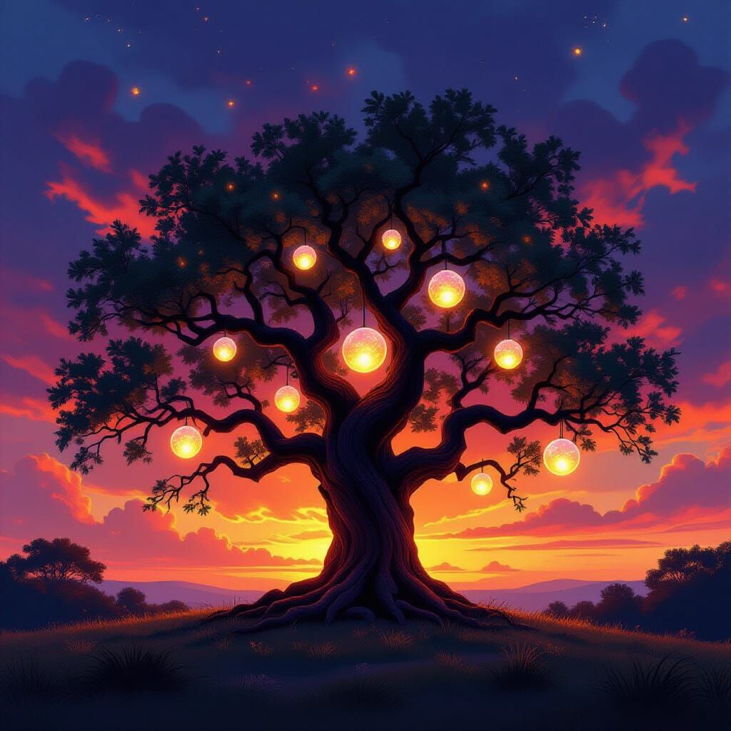 Ancient Oak Tree With Glowing Orbs at Magical Sunset