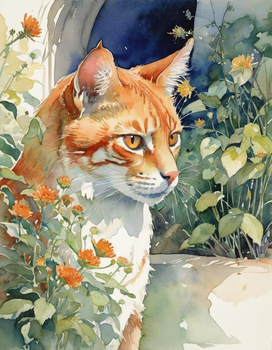 Orange Cat Watercolour Painting with Natural Light