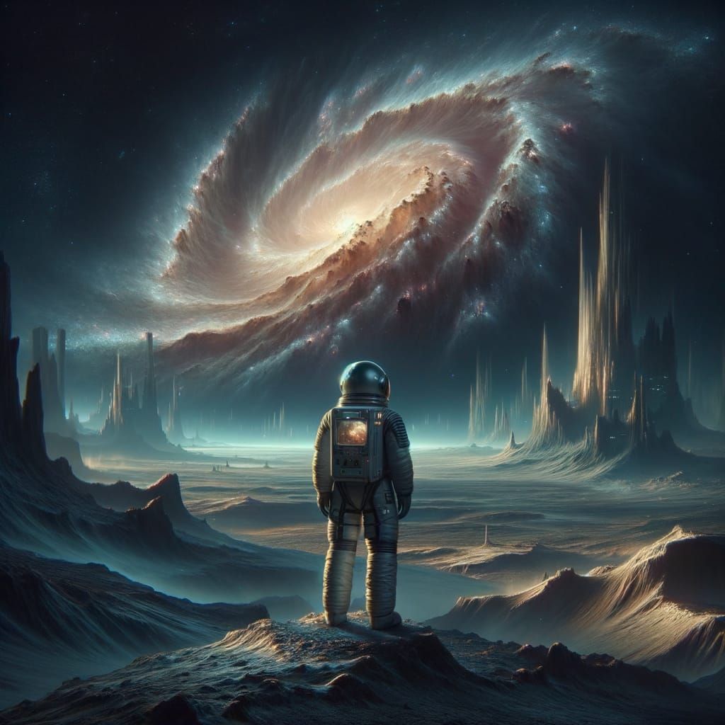 Astronaut Gazing at Nebula on Alien Planet