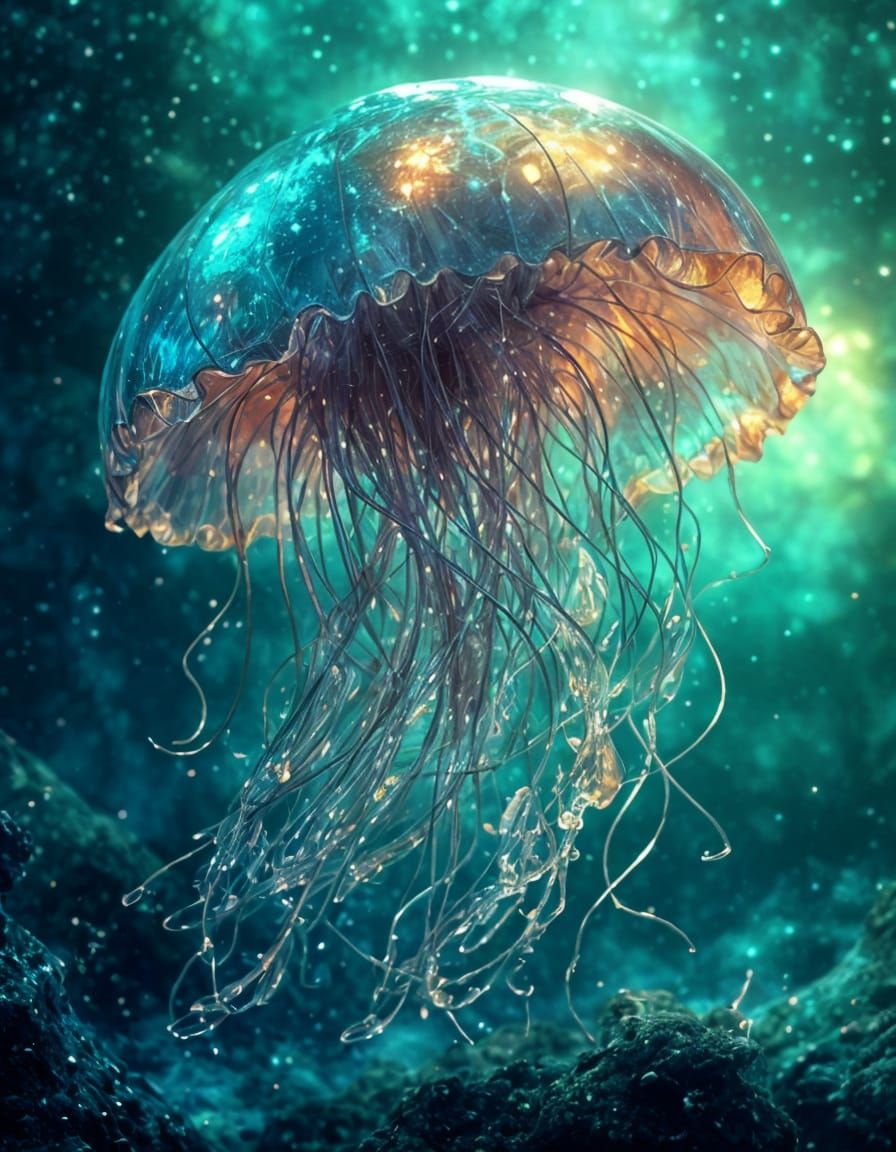 Luminous Jellyfish in Futuristic Cosmic Scene