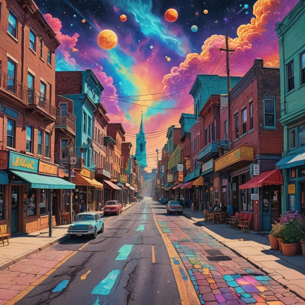 Surreal Midwest Main Street: Vivid Cosmic Illustration