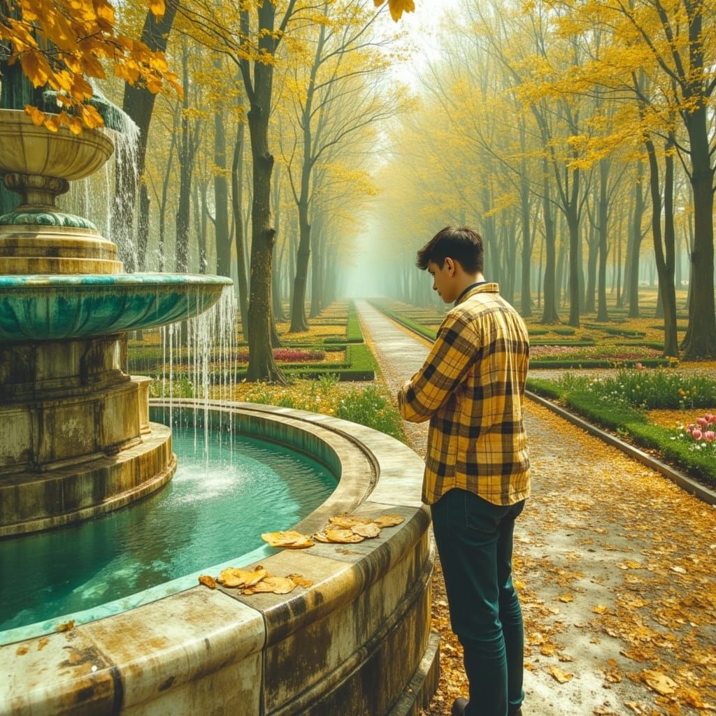 Man in Palace Garden with Blooming Flowers