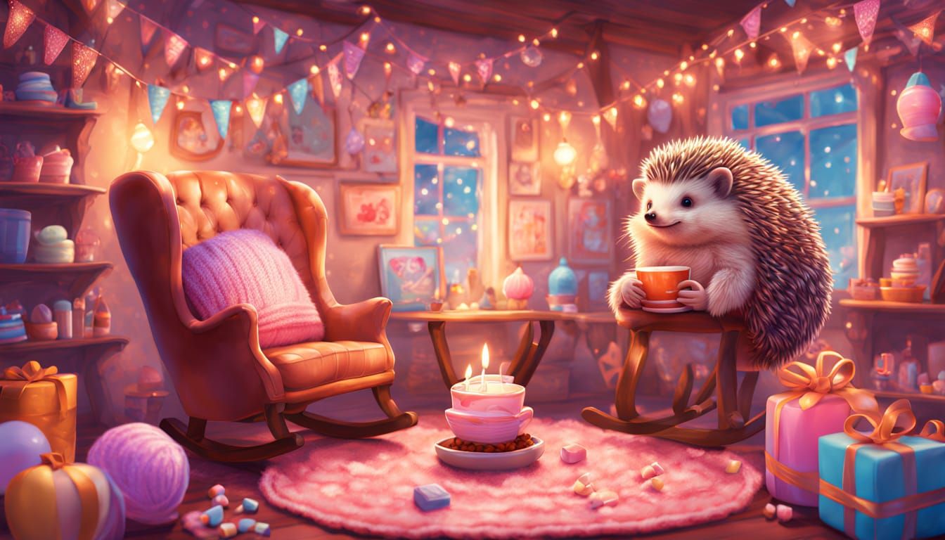 Tiny Hedgehog Enjoys Hot Chocolate in Cozy Cottage