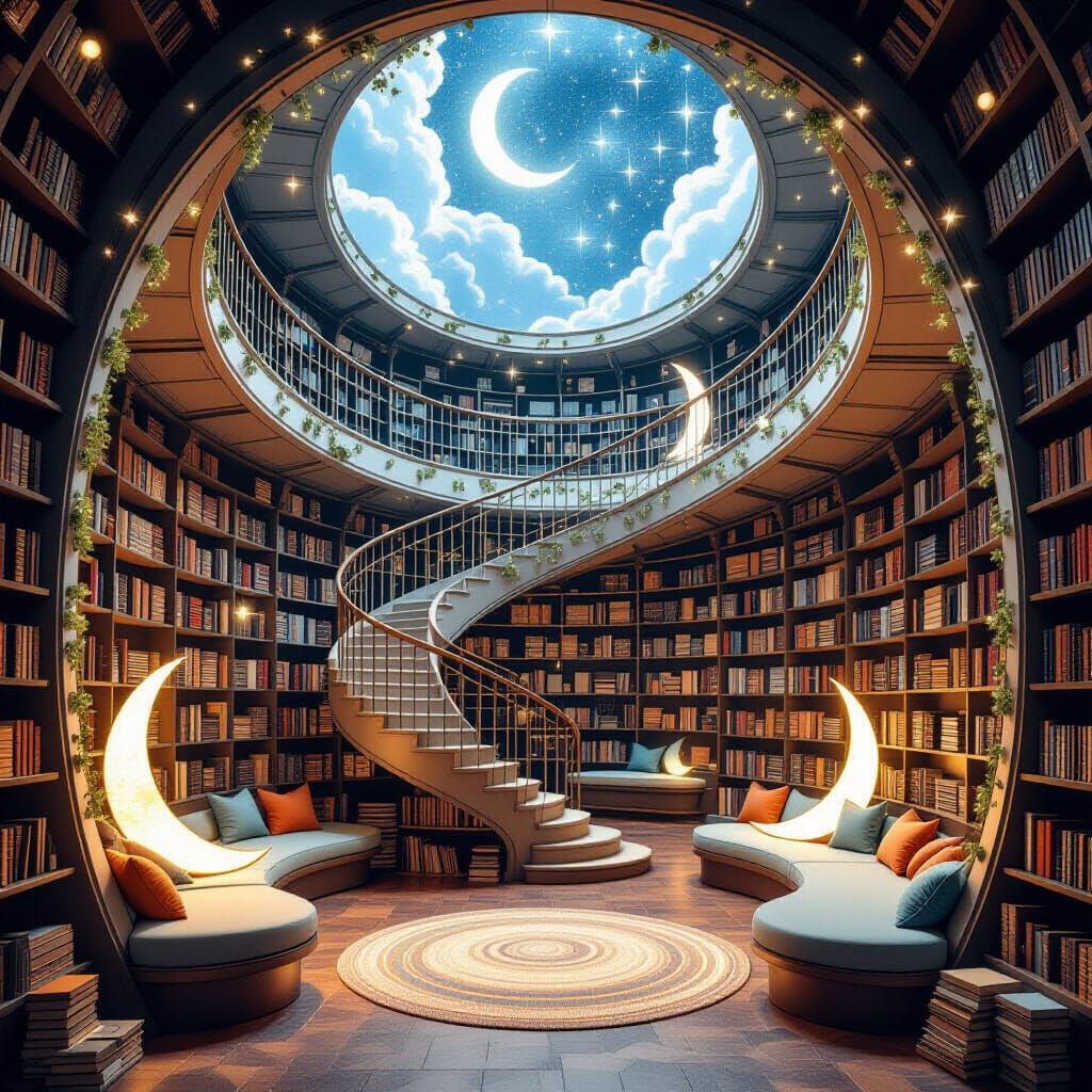 A dreamy celestial library spiraling upward in a shell-shaped chamber, where shelves curve like galaxies, holding books ...