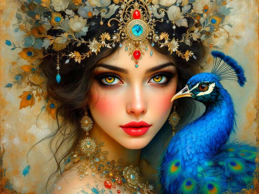 Mysterious Peacock Princess in Persian Miniature Style