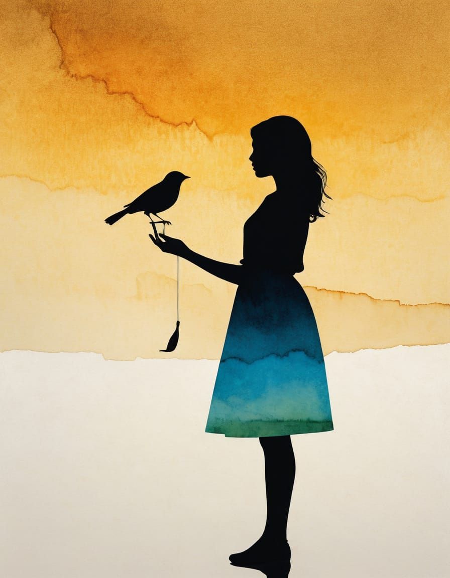 Woman with Bird Silhouette: Minimalist Ink Art