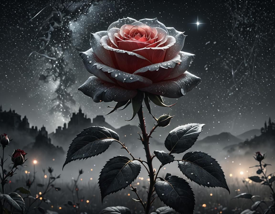 Sparkling Translucent Rose in Dark Fantasy Landscape