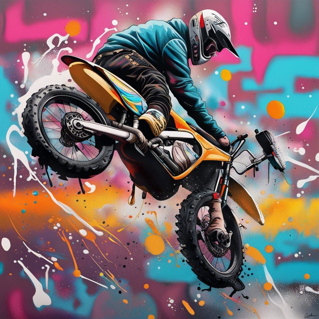 Motorcycle Jump in Graffiti Splash Art Style