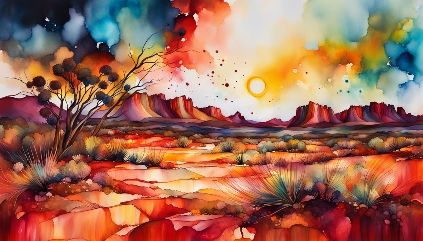 Vibrant Outback Landscape in Alcohol Ink Art