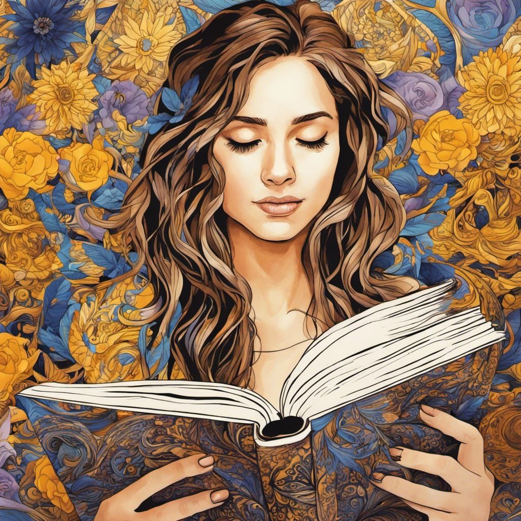 Woman Reading with Zentangle Floral Design