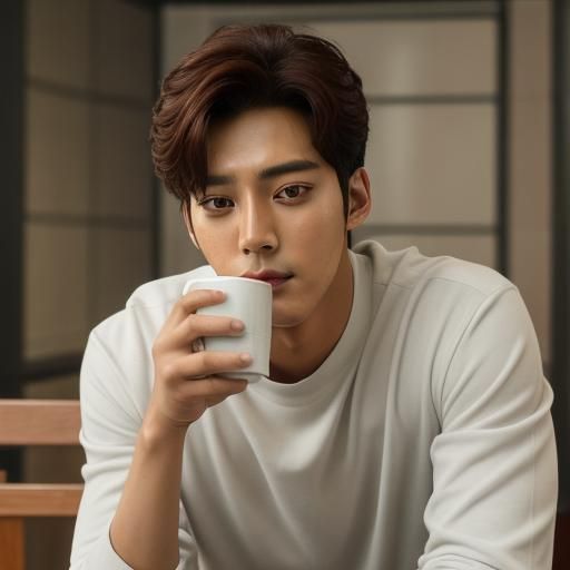 Portrait head and shoulders of Rowoon (Kdrama actor) drinking coffee.