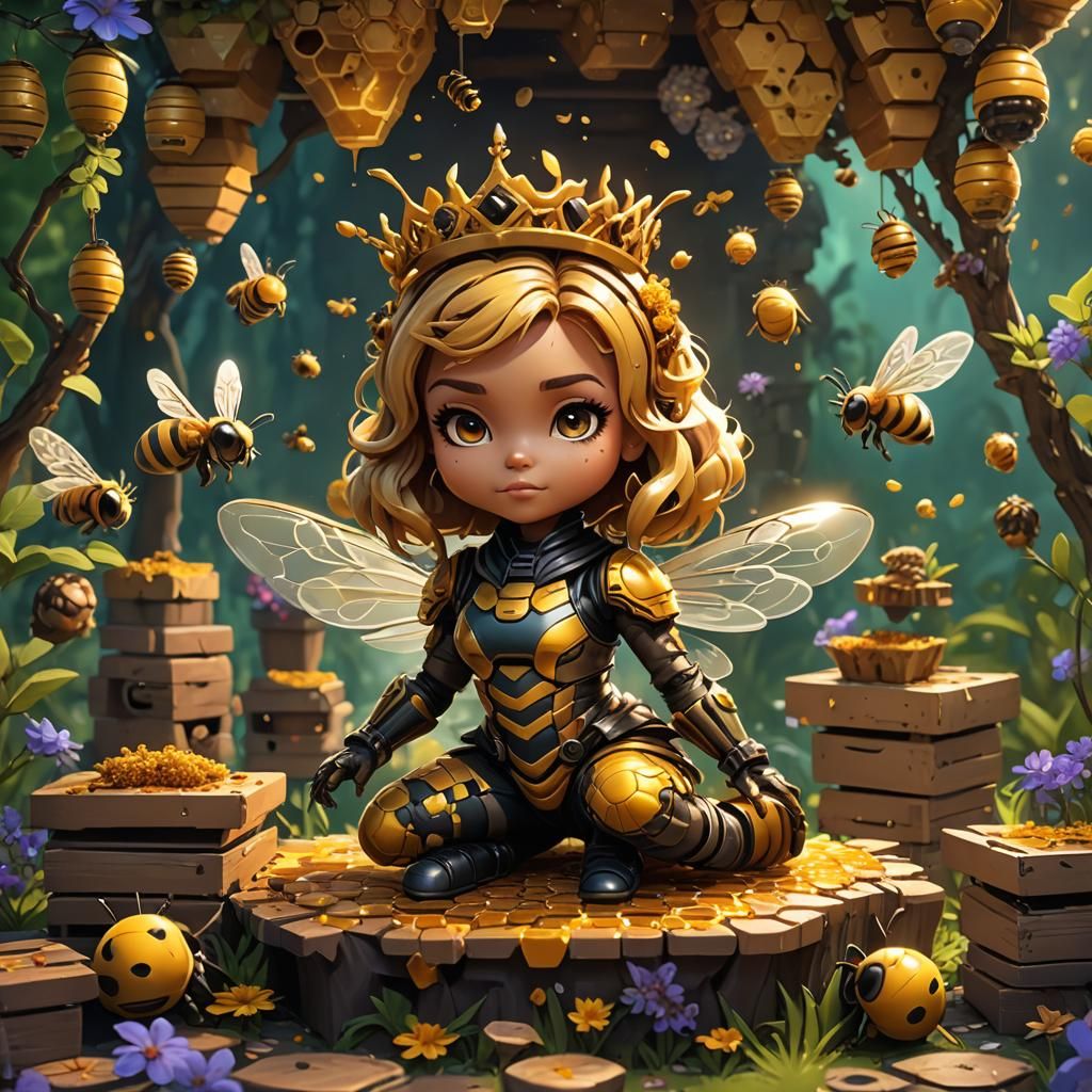 Chibi Honey Bee Girl in Beehive, Matte Painting