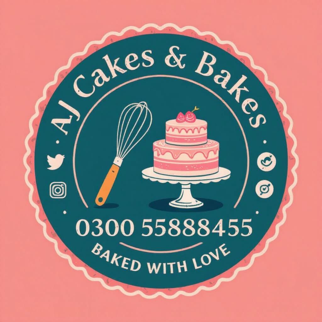 AJ CAKES & BAKES Logo with Cake and Whisk Illustration