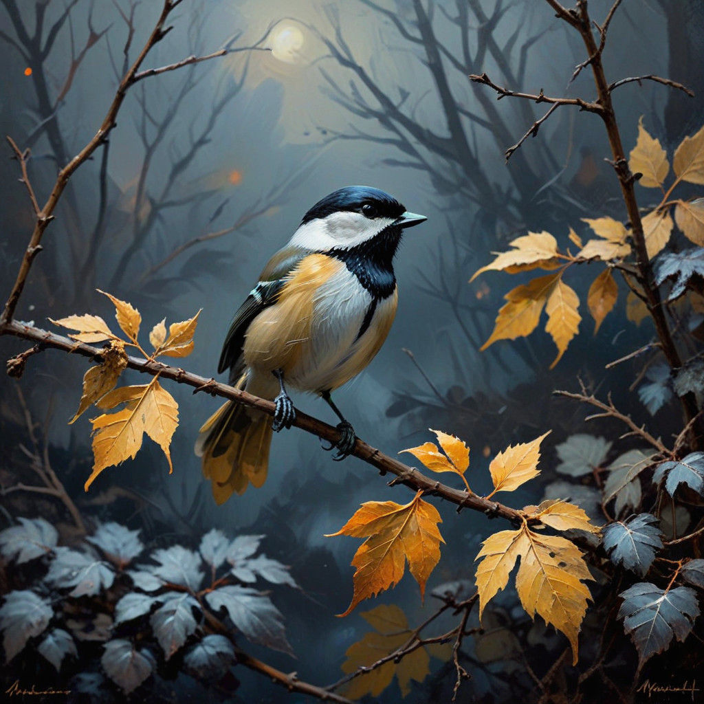 Chickadee in Frosty Fauvist Garden