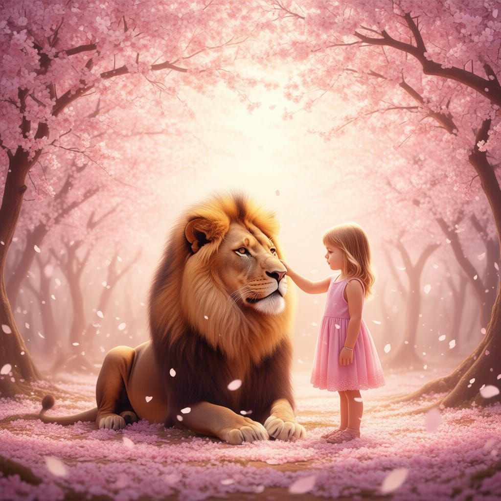 Girl and Lion in Dreamy Cherry Blossom Grove