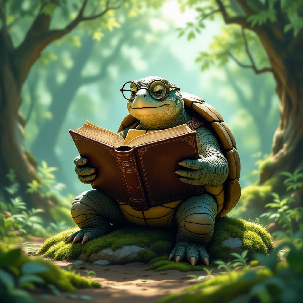 Elderly Turtle Reads Ancient Tome in Enchanted Forest