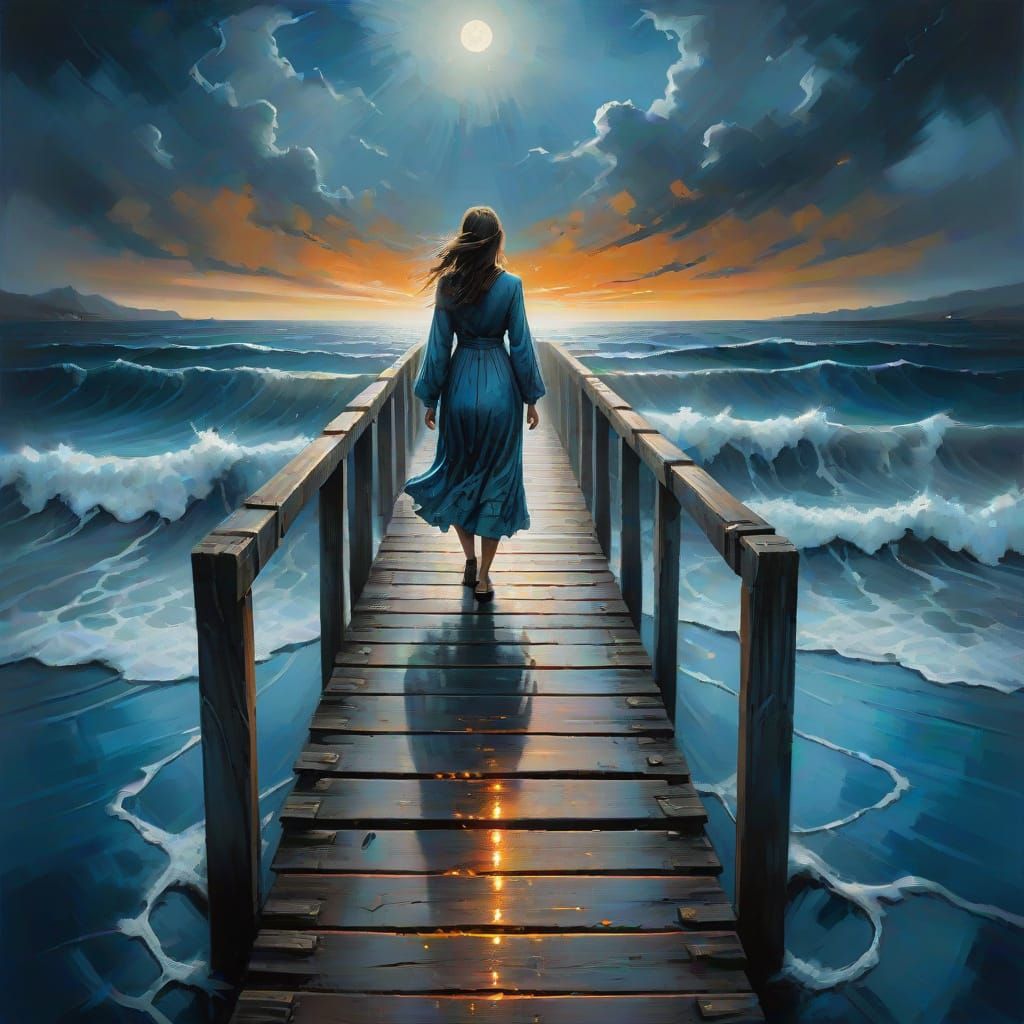 Woman on Pier: Surreal Landscape Oil Painting