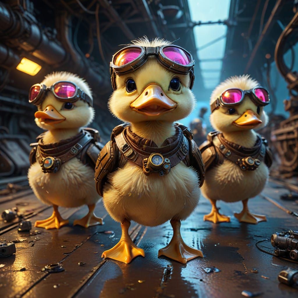 Ducklings in Steampunk Goggles on Starship Bridge