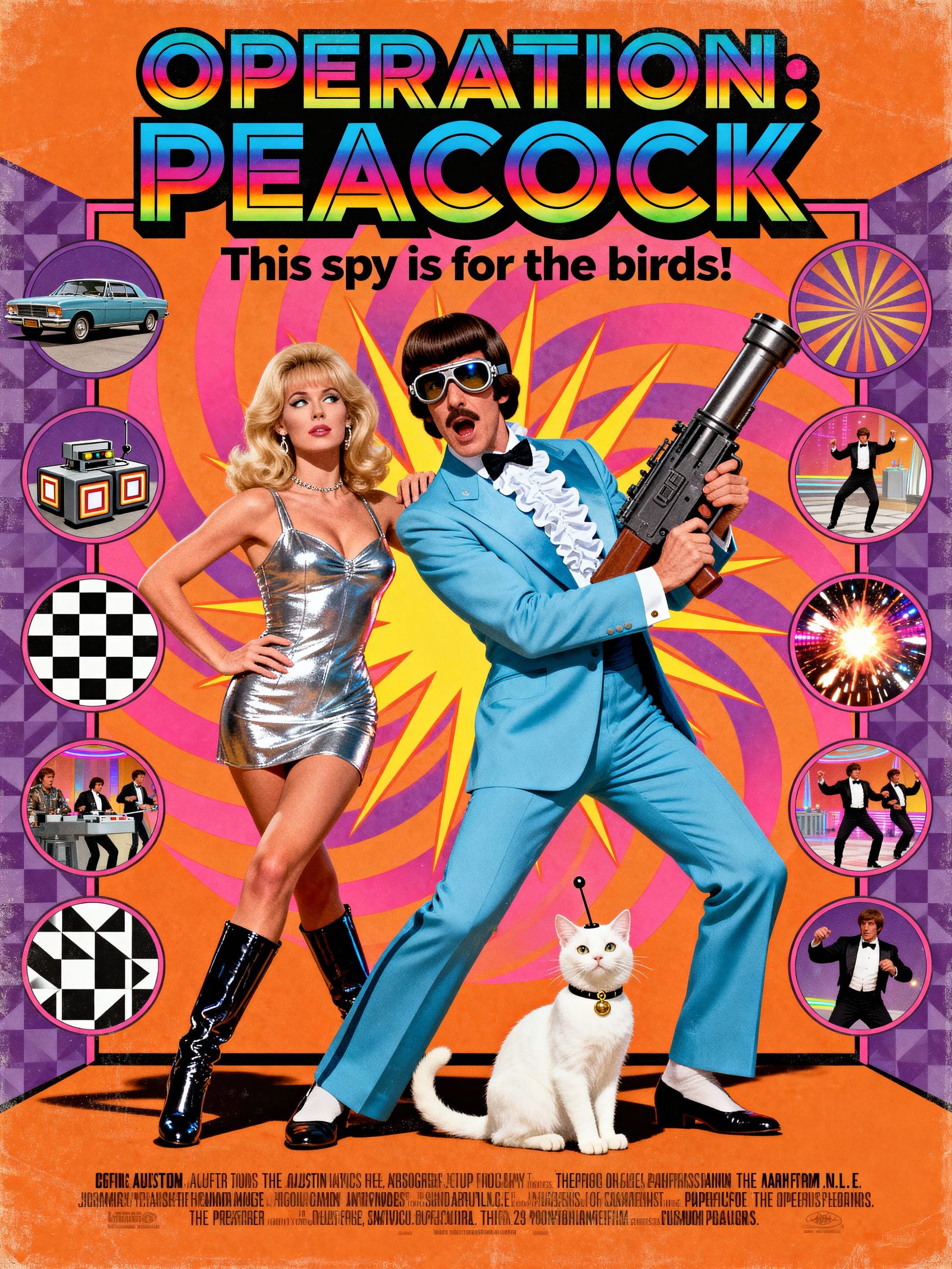 Retro 70s Spy Comedy Poster with Peacock Theme